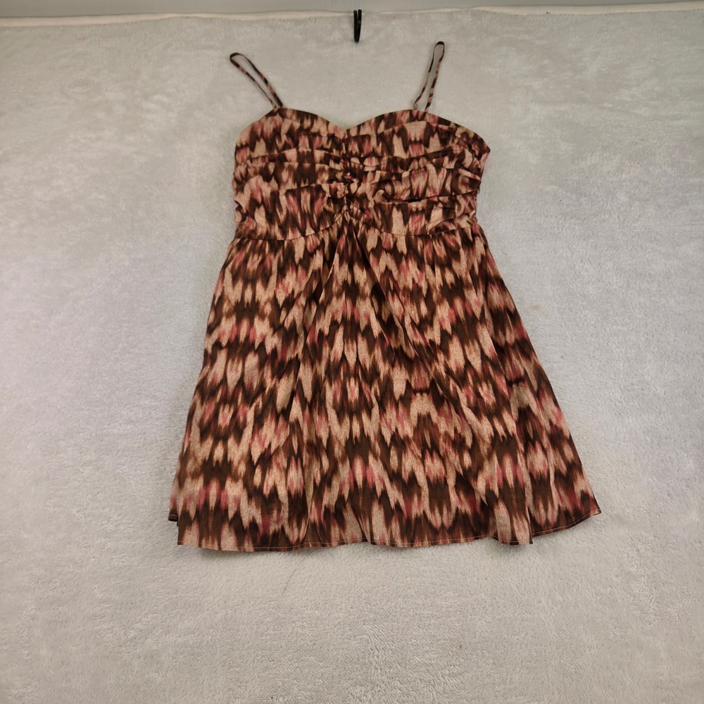 HM Divided Brown Pink Ikat Abstract Ruched Sweetheart Mini Dress Womens Large